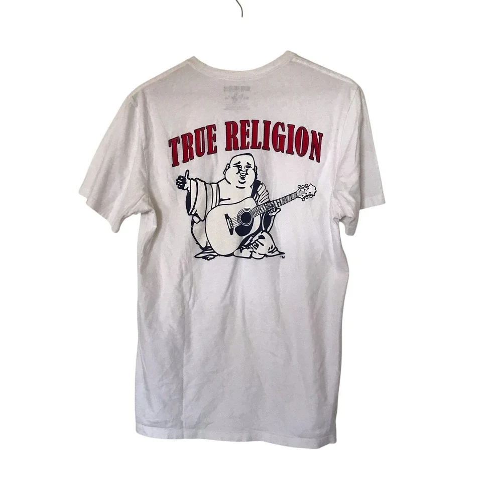 True Religion Mens White Buddha World Tour Graphic‎ T-Shirt velvet Red Horseshoe